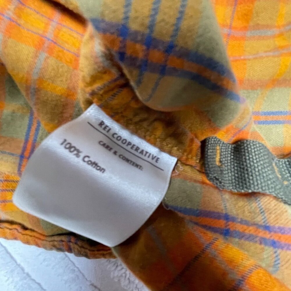 REI Cooperative Plaid Button-Down Shirt Mens Medium Striped Orange & Blue Cotton - Picture 9 of 9